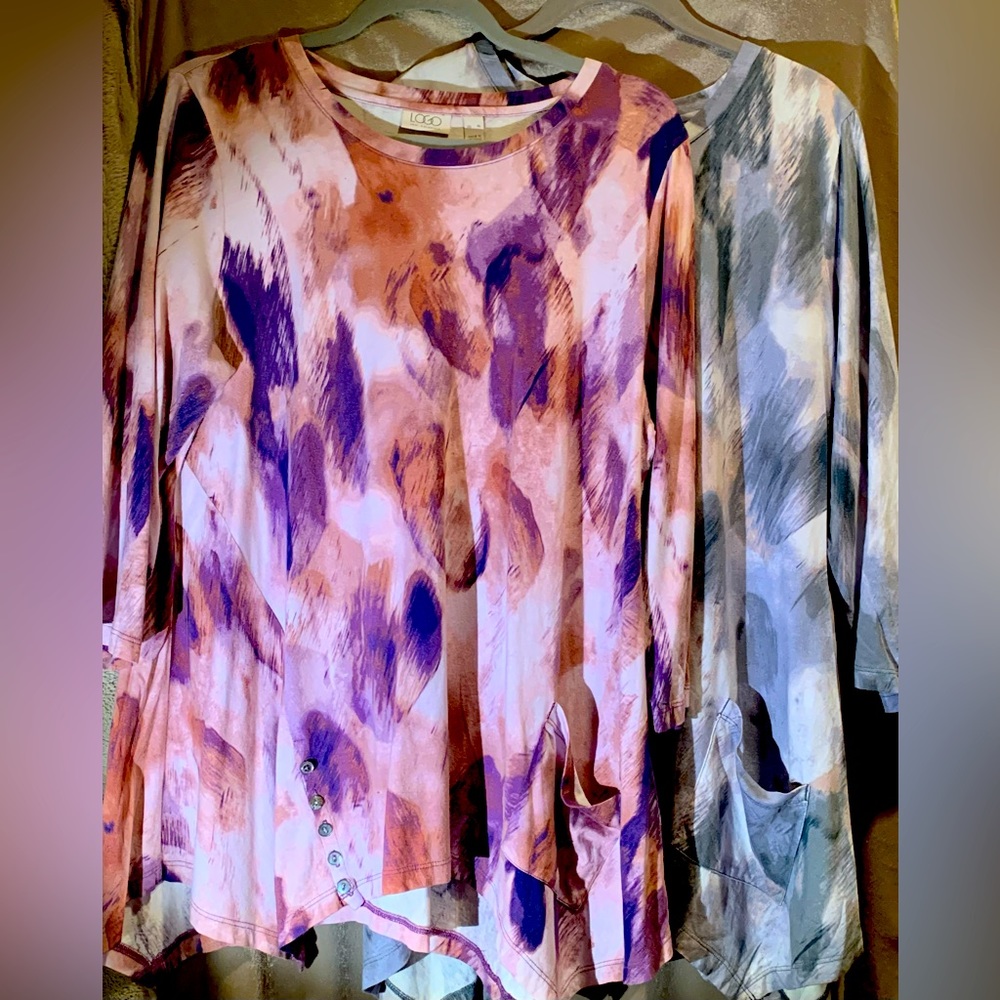 LOGO by Lori Goldstein 2 poet edge shirts both sizeXL  purple & gray pattern
